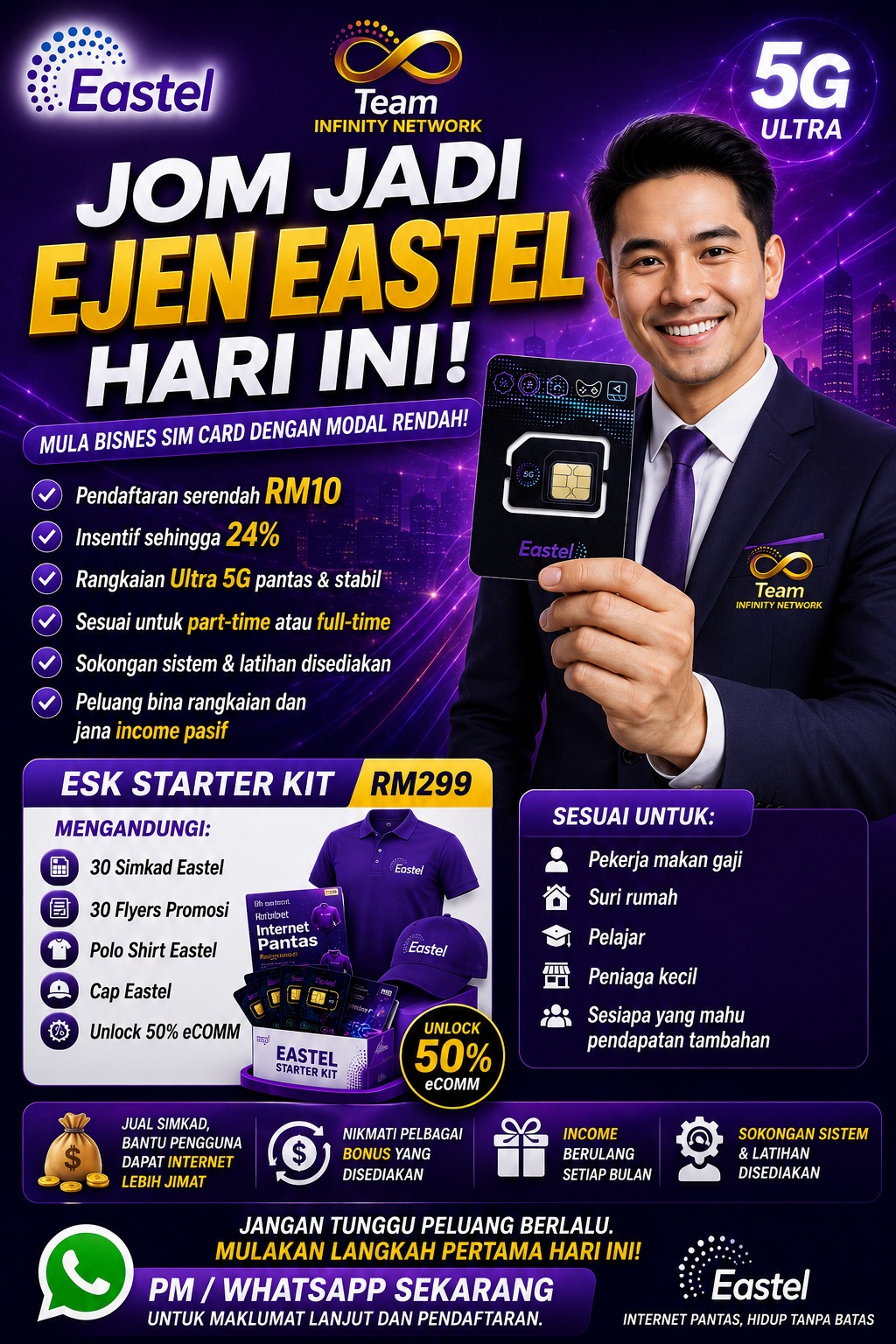 Simkad EASTEL bukan sekadar simkad telco, ia nya boleh jana pendapatan jangka panjang di masa depan Modal Rm10 je UTK 1 sim, beli 10 Rm100