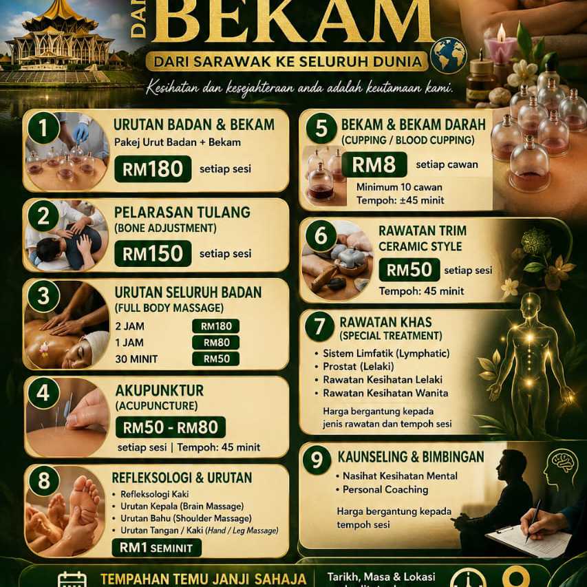 Menyediakan perkhidmatan advices dan Wellness therapy dari rumah ke rumah hotel ke office anda Sarawak ke seluruh dunia