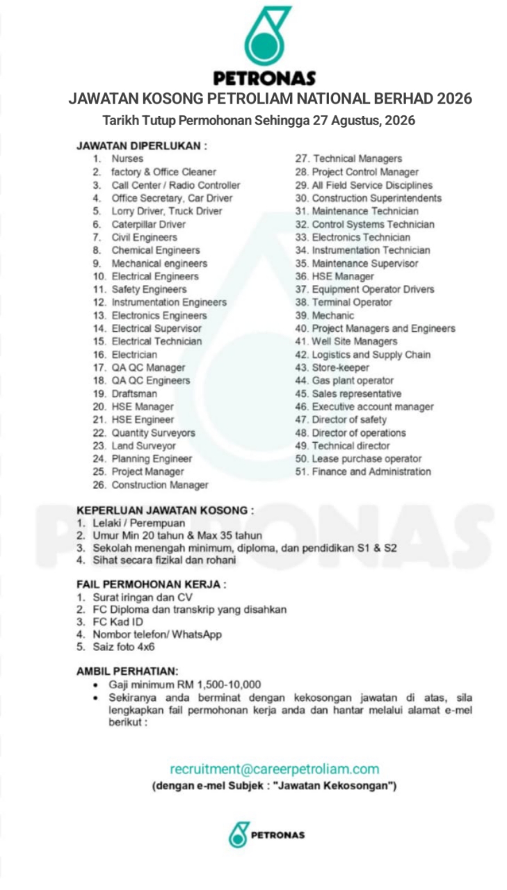 JAWATAN KOSONG PETROLIAM NATIONAL BERHAD
