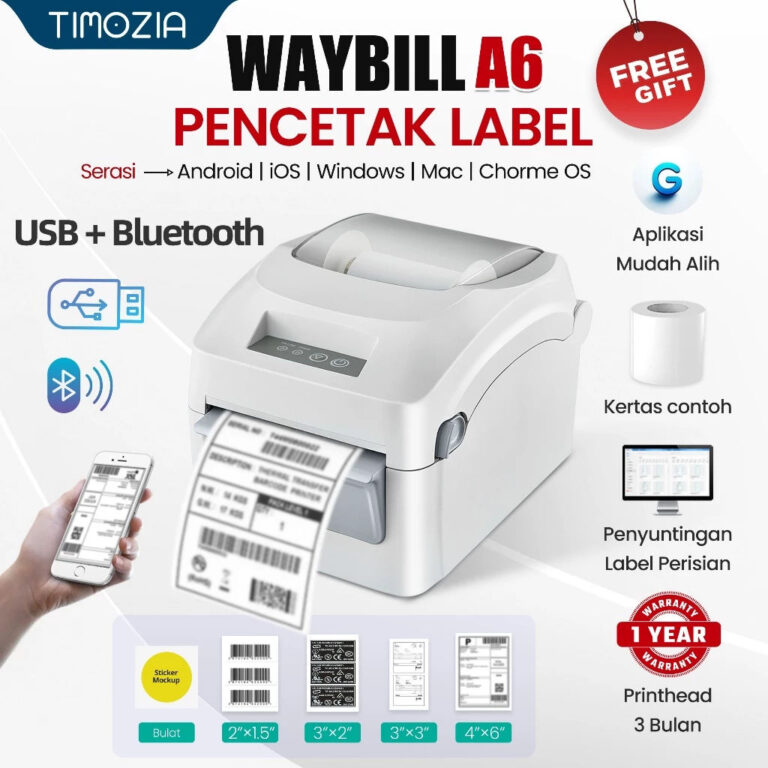 TIMOZIA Bluetooth Thermal Printer | Shipping Label, Barcode, Air Waybill, A6, AWB Wireless Printing